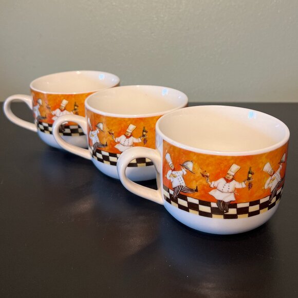 Set of 3 CYPRESS HOME Chef Pattern Ceramic Mugs / Soup Bowls with Handles - Picture 2 of 10